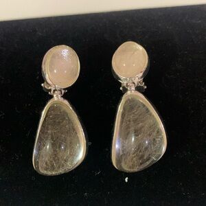 Vintage signed FR clear quartz silver tone dangle clip on earrings 2” drop